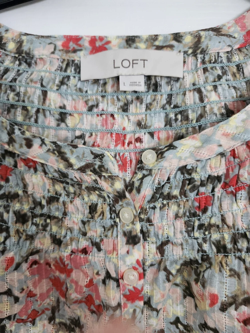 NWT LOFT Floral Button-Front Puff Sleeve Top — Pink, Green, Cream